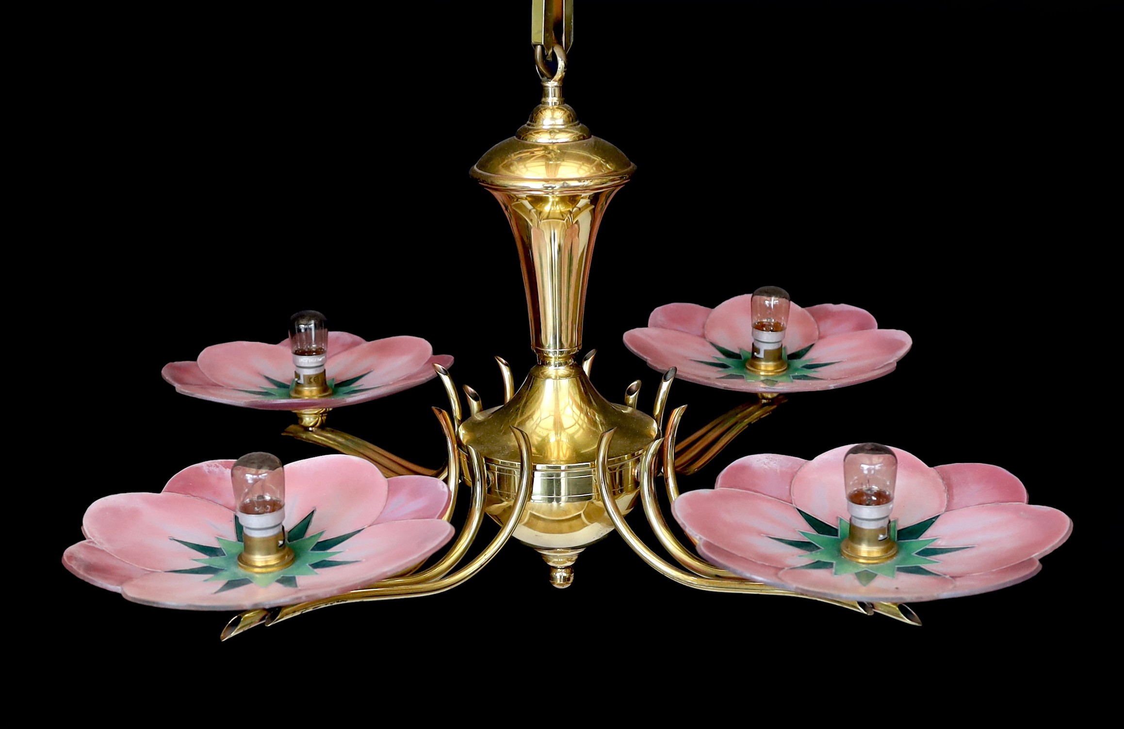 A 1930s French Leys Lurha polished brass four branch light fitting with stylised lotus flower pink glass shades, height 70cm. width 70cm